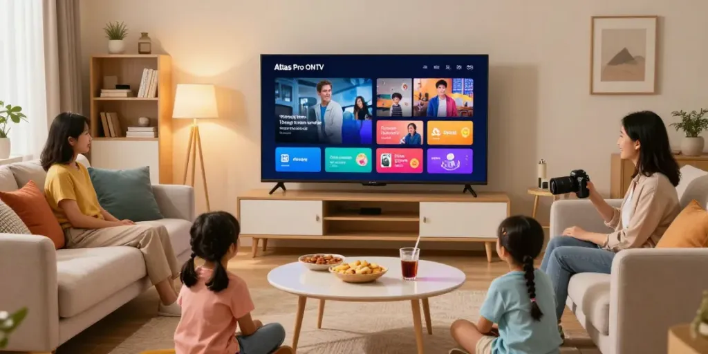 Famille profitant de l'application Atlas Pro ONTV sur un téléviseur intelligent dans un salon confortable.