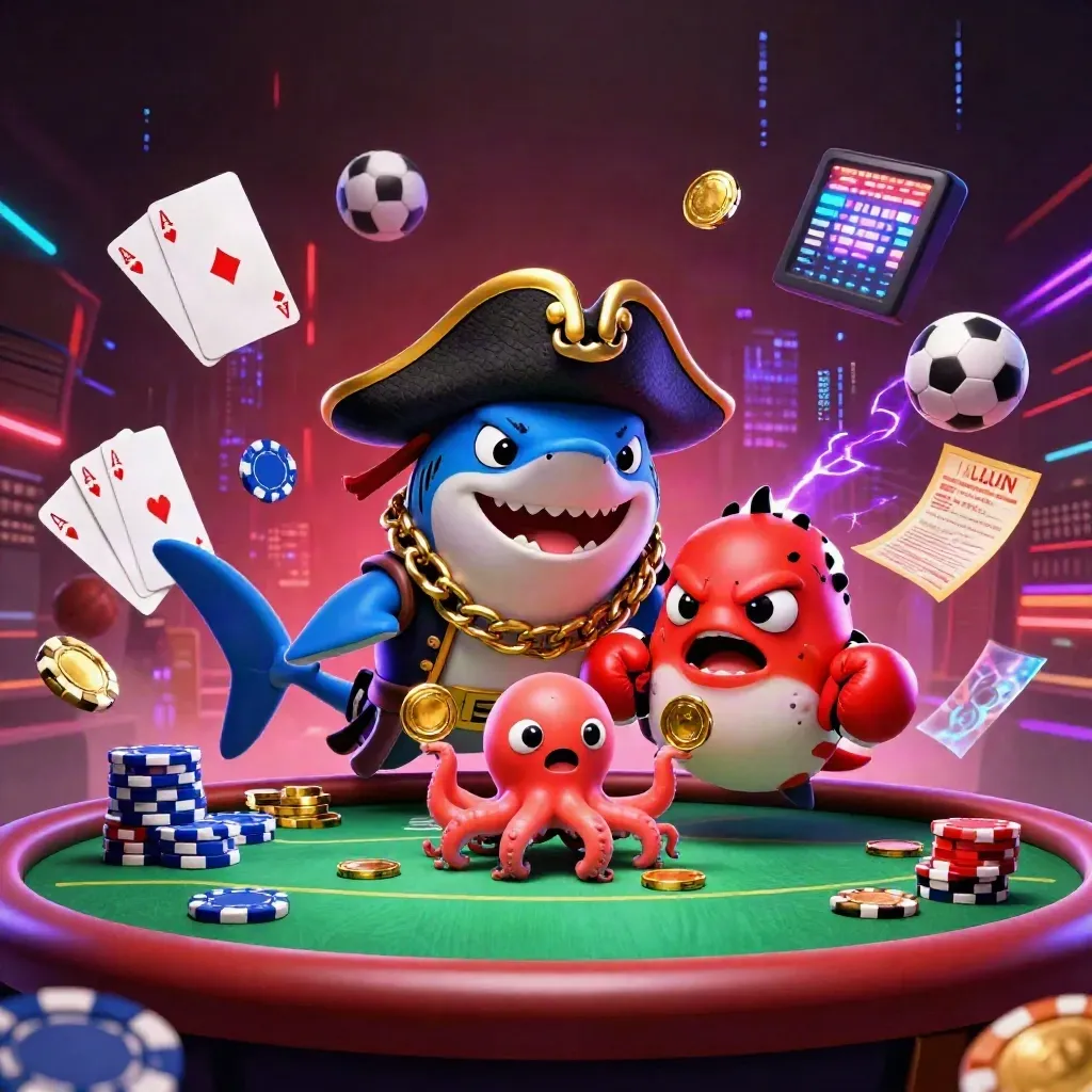 Shark pirate, pufferfish boxeur et bébé pieuvre autour d’une table de poker, jetons et lumières néon.