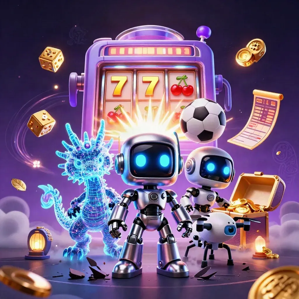 Robot cyberpunk, dragon holographique et machine à sous autour d’un ballon de basket en vol