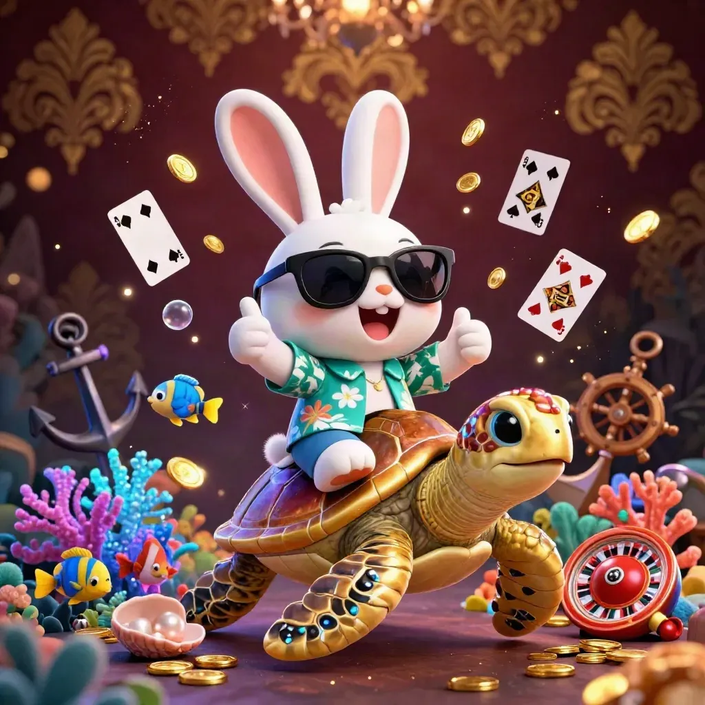 Lapin chanceux cartoon sur tortue dorée, trésor sous-marin bleu néon et ambiance casino premium