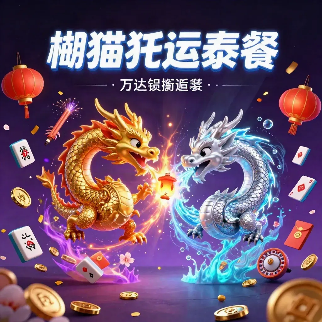 Deux dragons doré et argenté forment un yin-yang néon avec lanternes, pièces et pétales.
