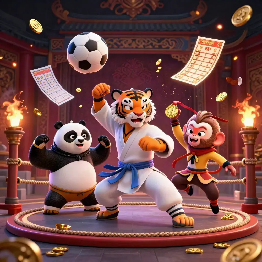 Tigre kung-fu, panda et singe dans une scène néon avec ballons et lumières.