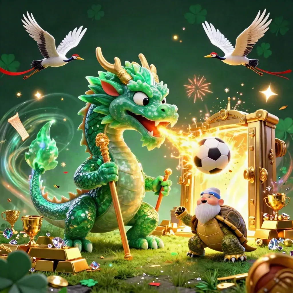 Dragon jade, tortue sage et grues, coffre d’or et ballon de foot, ambiance casino néon.