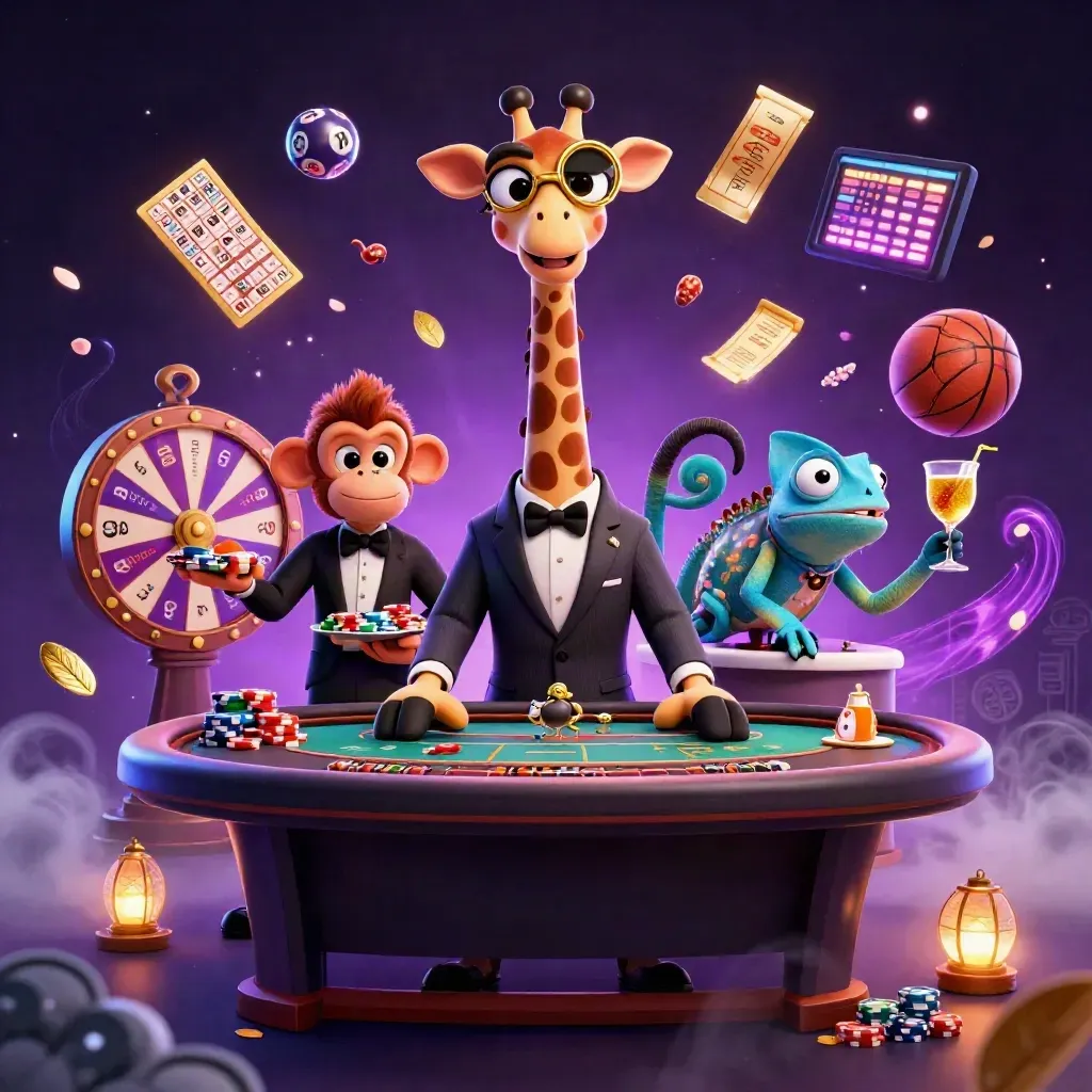 Giraffe de casino, singe et caméléon autour d’une table VIP, ballons et jetons en explosion.