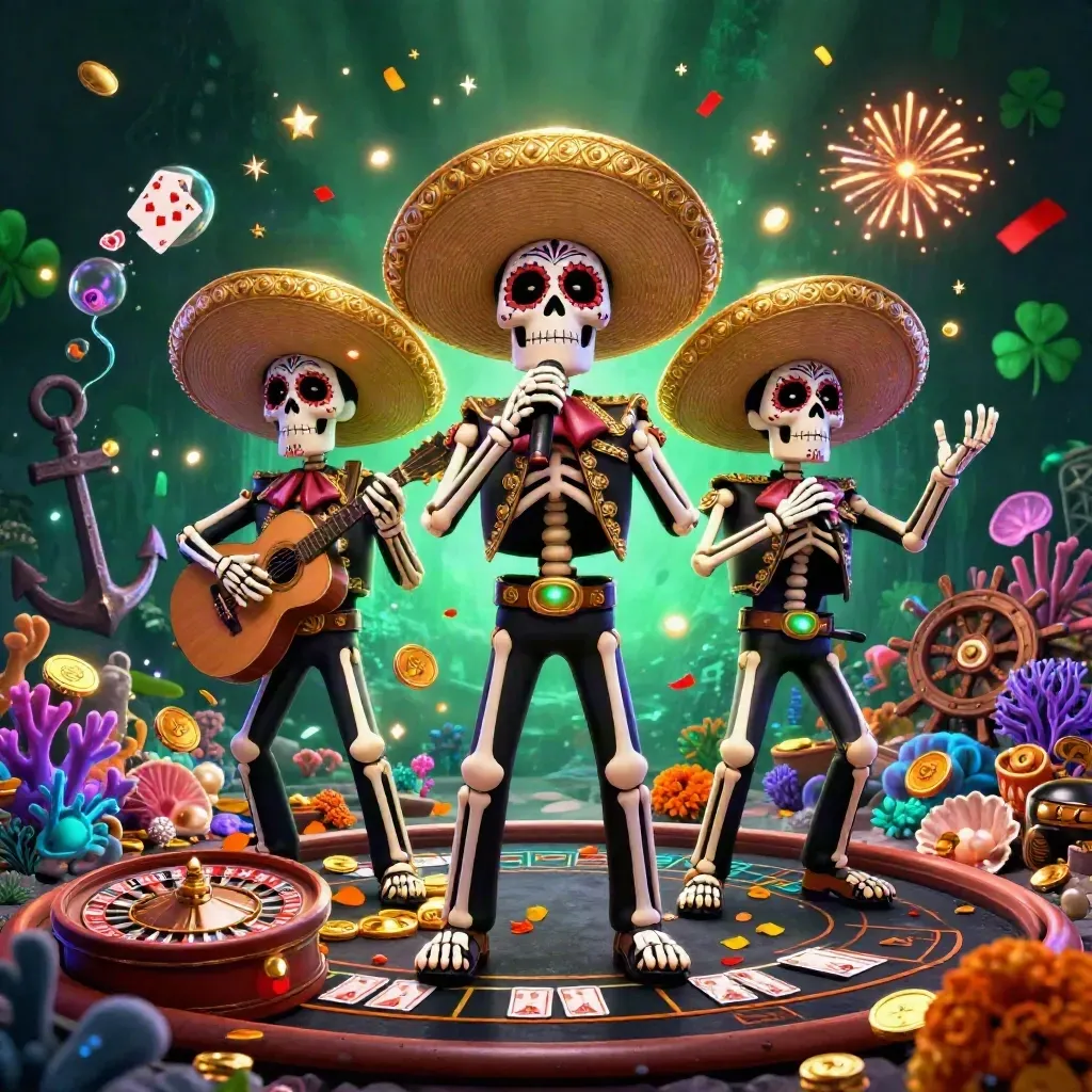 Trio de squelettes mariachi en fête, pièces d’or, corail lumineux et ambiance casino luxueuse.