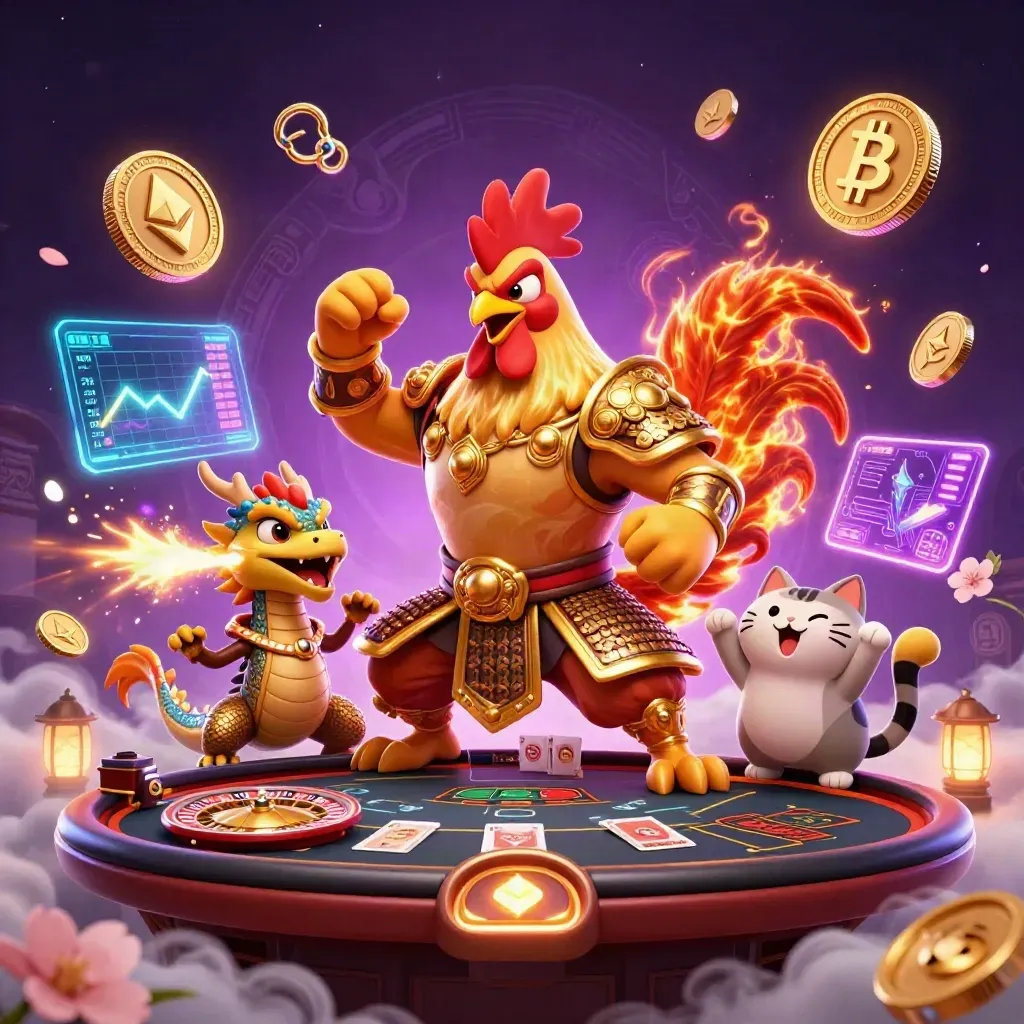 Coq samouraï, dragon et chat chanceux, casino néon violet et bleu, pièces crypto en vol