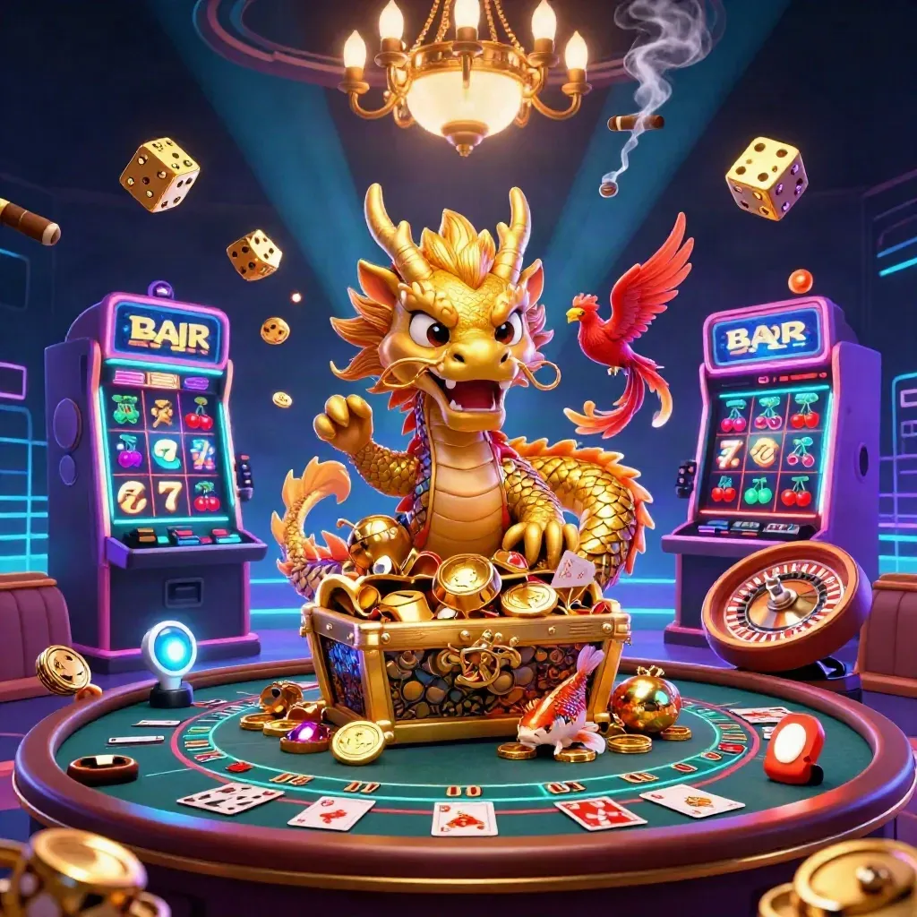 Dragon doré, phénix rouge et koi dans un casino néon avec slot, dés et jetons lumineux.