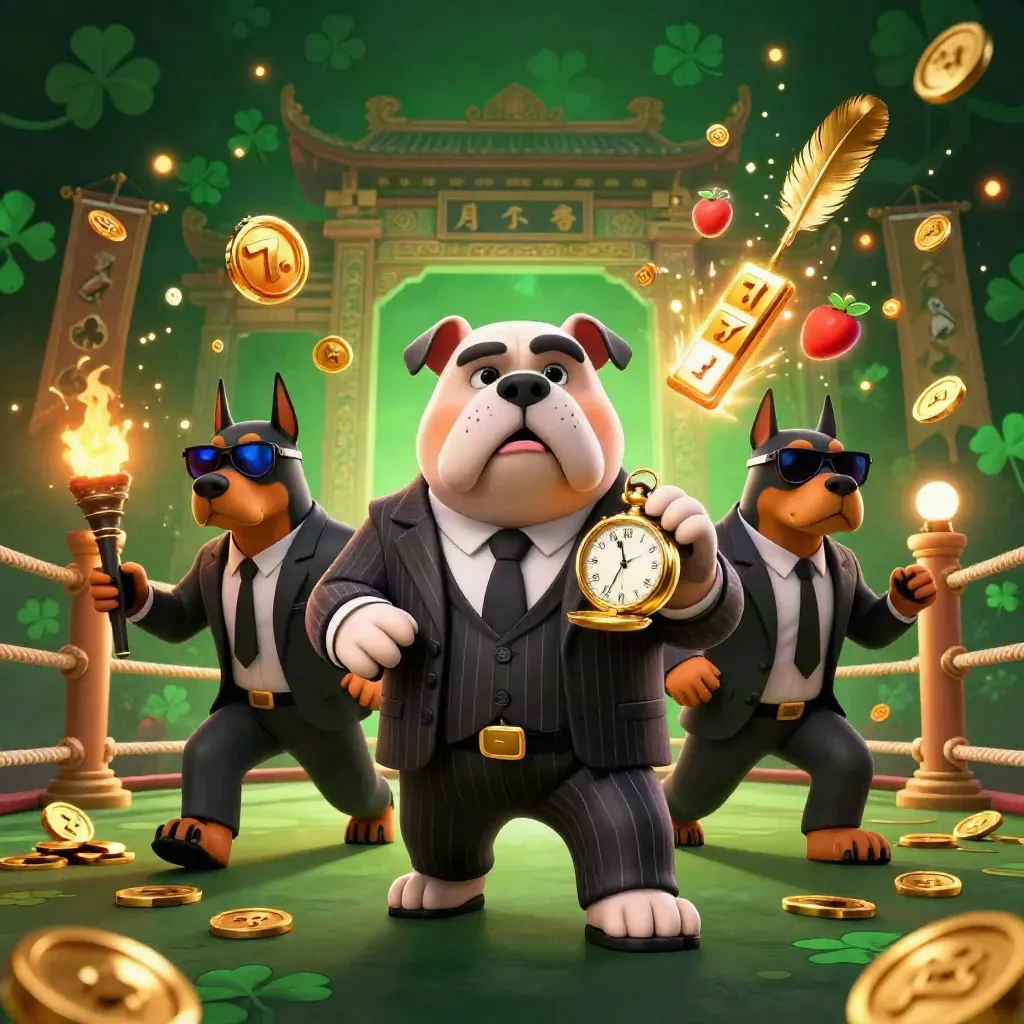 Bouledogue mafieux en costume, avec deux dobermans, éclats d’or et temple asiatique.