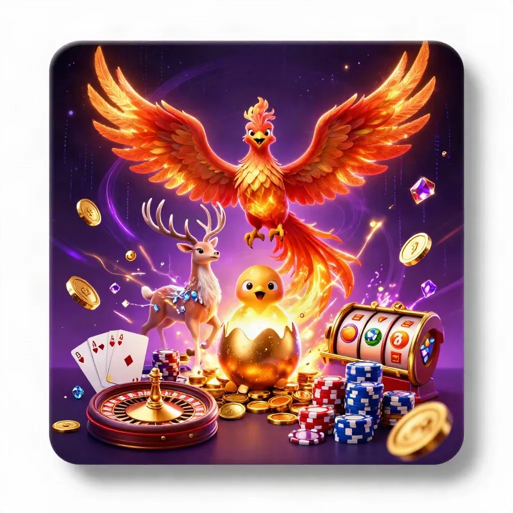 Phénix, faon mystique et bébé phénix dans un tourbillon de pièces, cartes et gemmes néon.