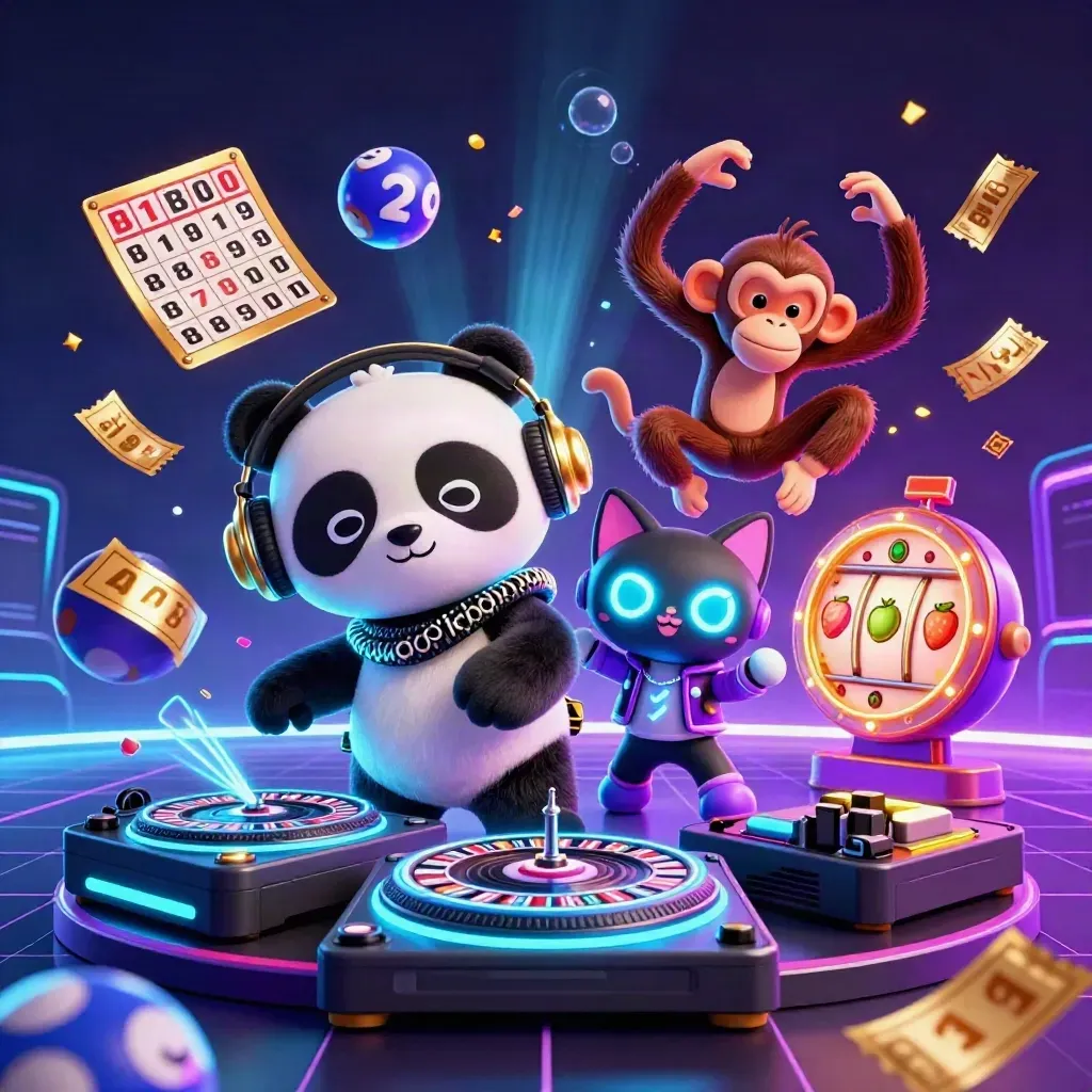 Panda DJ, singe breakdancer et chat néon au milieu de jackpots et lumières bleues
