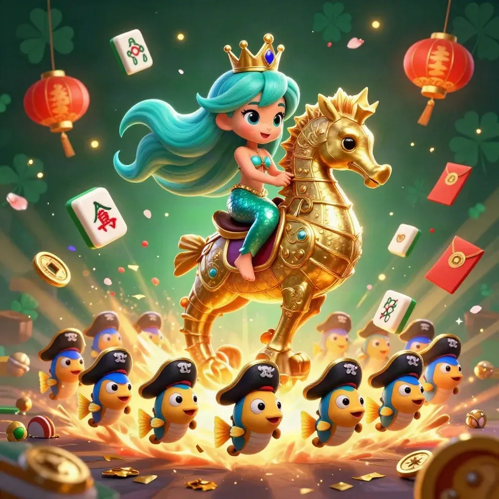 Sirène 3D sur hippocampe doré, poissons pirates et trésors néon sur fond vert émeraude.