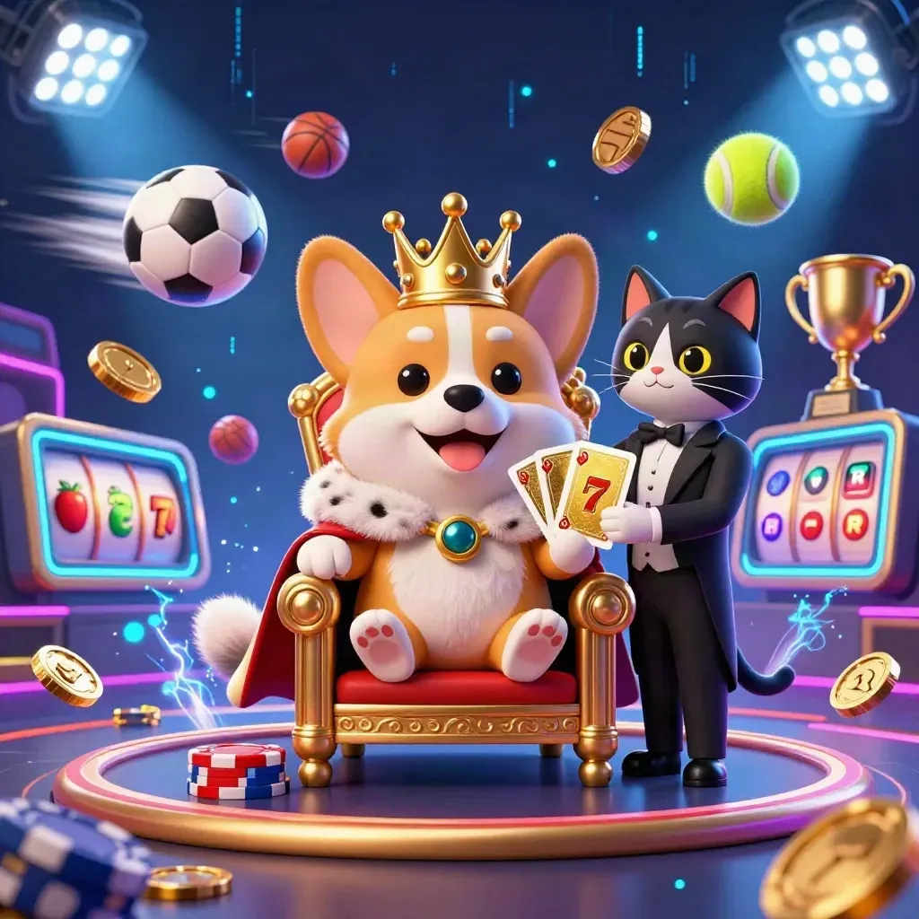 Chat majordome et corgi royal sur trône de jetons, avec ballons, trophée et lumières néon bleues.