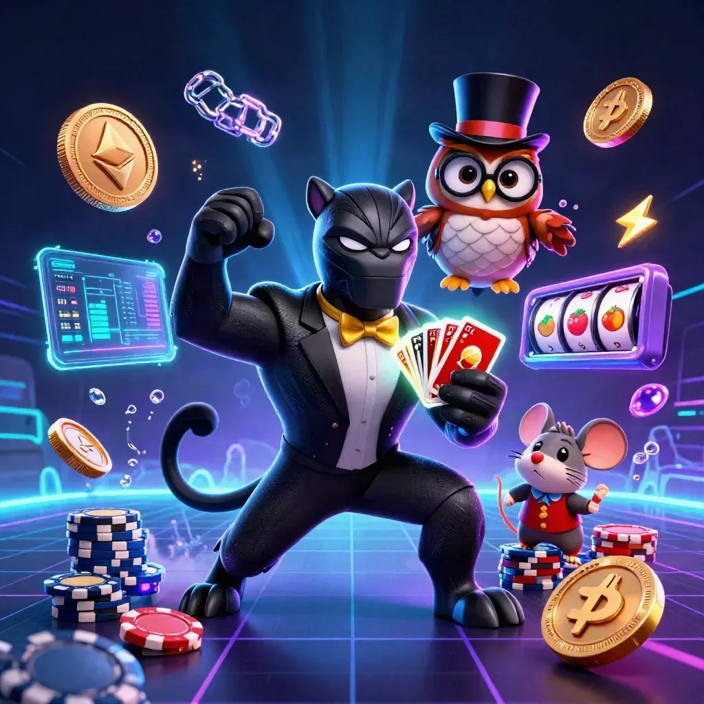 Panthère tuxedo, hibou et souris parmi jetons, coins néon et éclairs bleus.