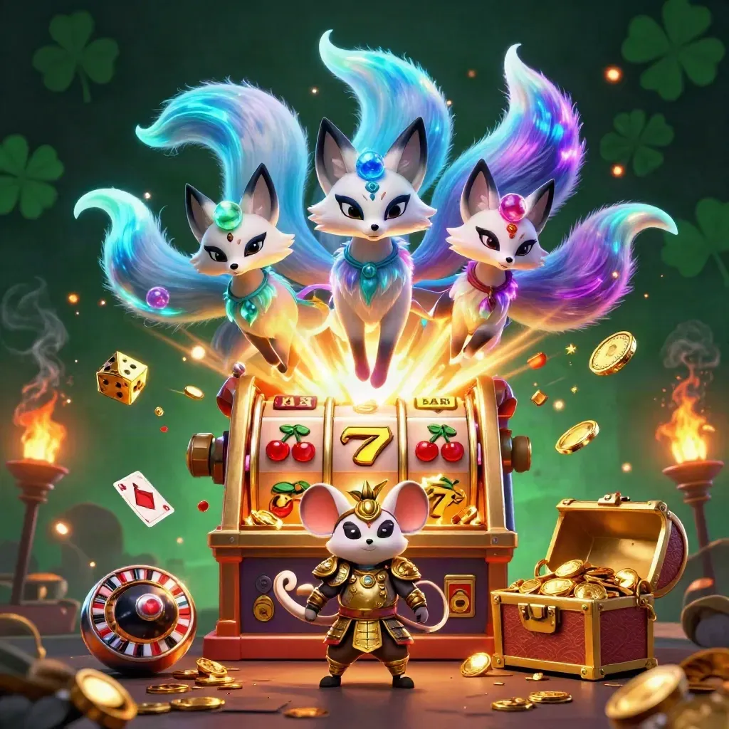 Renard esprit à neuf queues et souris samouraï devant une machine à sous explosant en or.