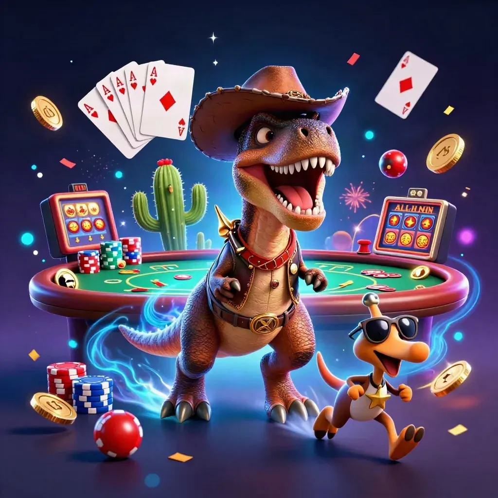 T-Rex cowboy, cactus et oiseau shérif, cartes et pièces jaillissant dans un casino néon.