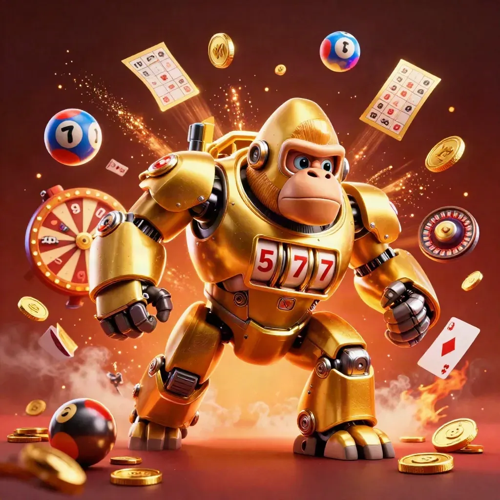 Gorille mécha doré façon casino, avec singe pilote, pièces et feux d’artifice.