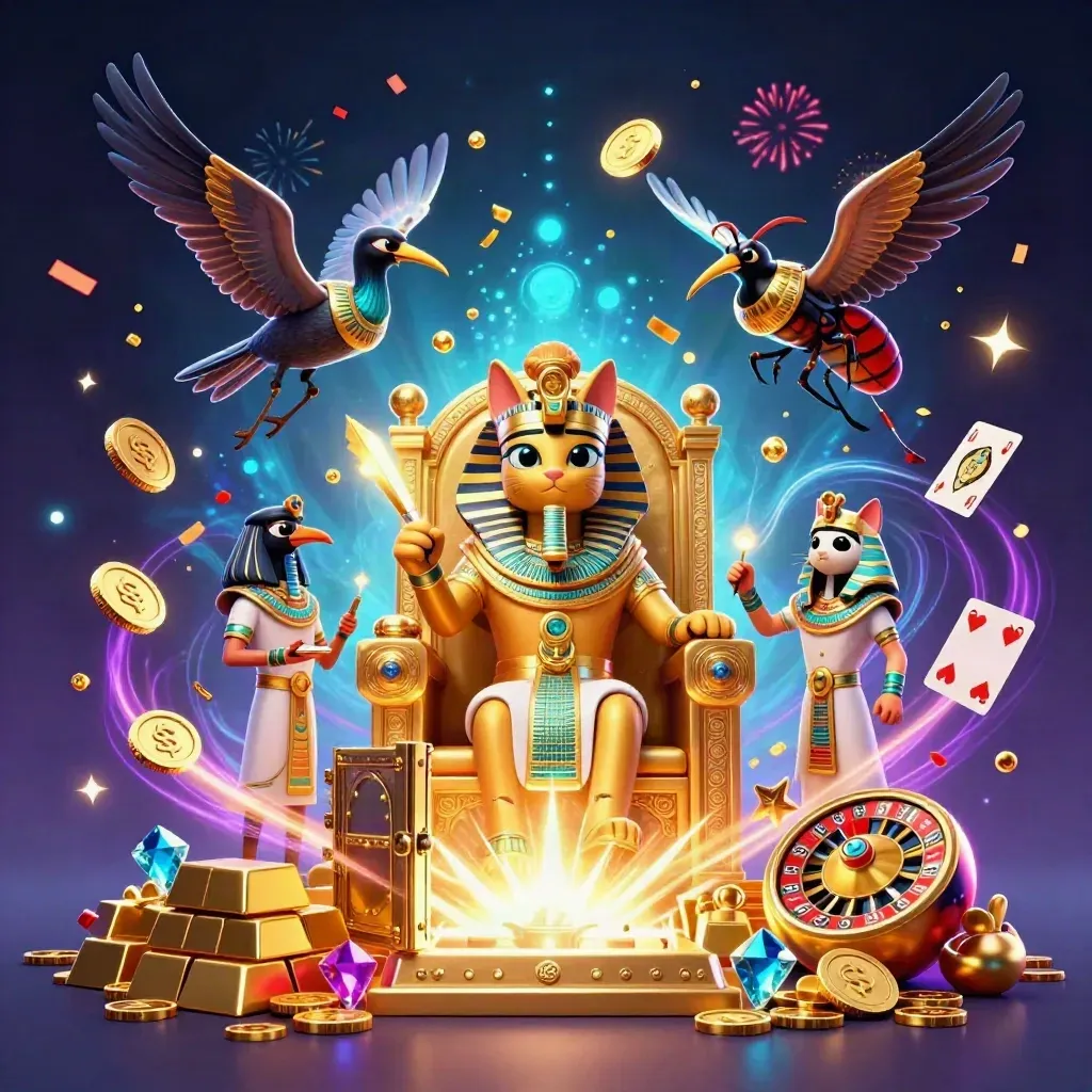 Chat pharaon, ibis et scarabées devant un coffre doré, pièces et feux d’artifice néon.