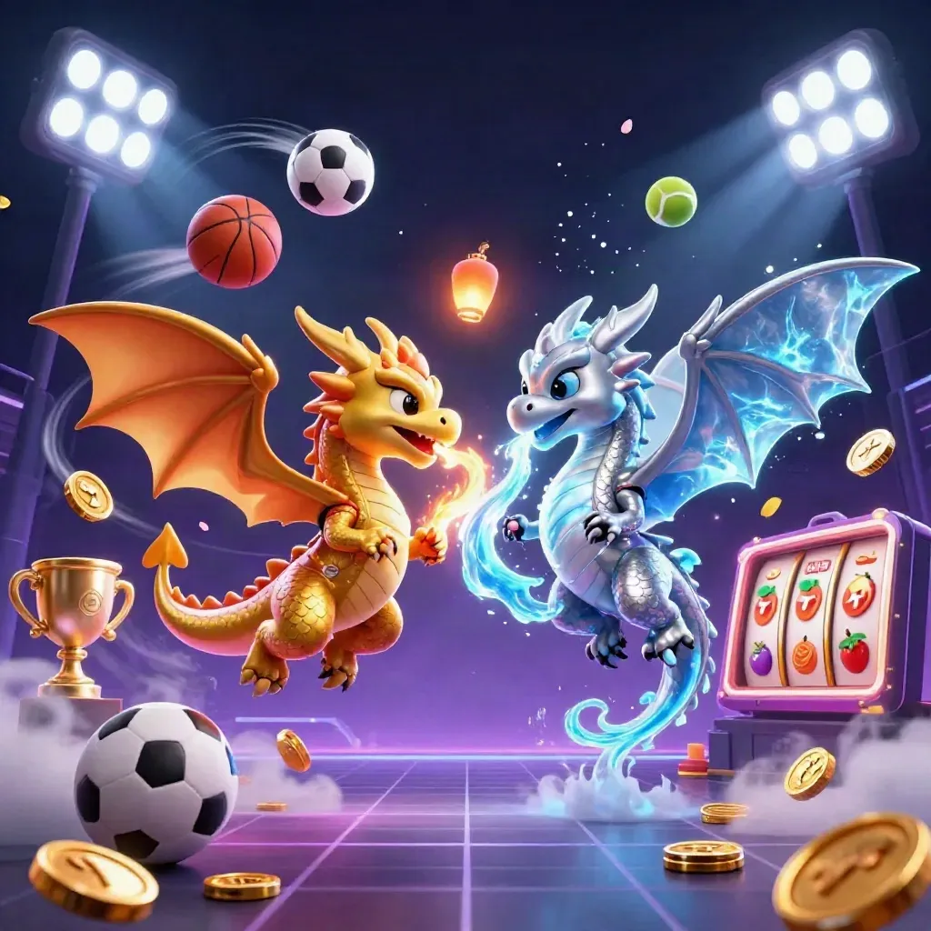 Deux dragons 3D or et argent s’enroulent dans un yin-yang de feu et glace, ambiance casino néon.
