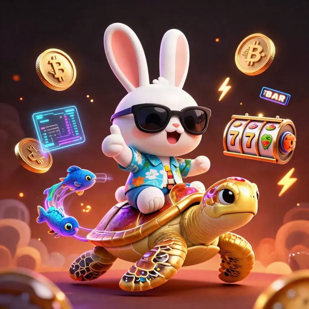 Lapin cartoon sur tortue dorée, pièces crypto néon, ambiance casino geek rouge et violet.