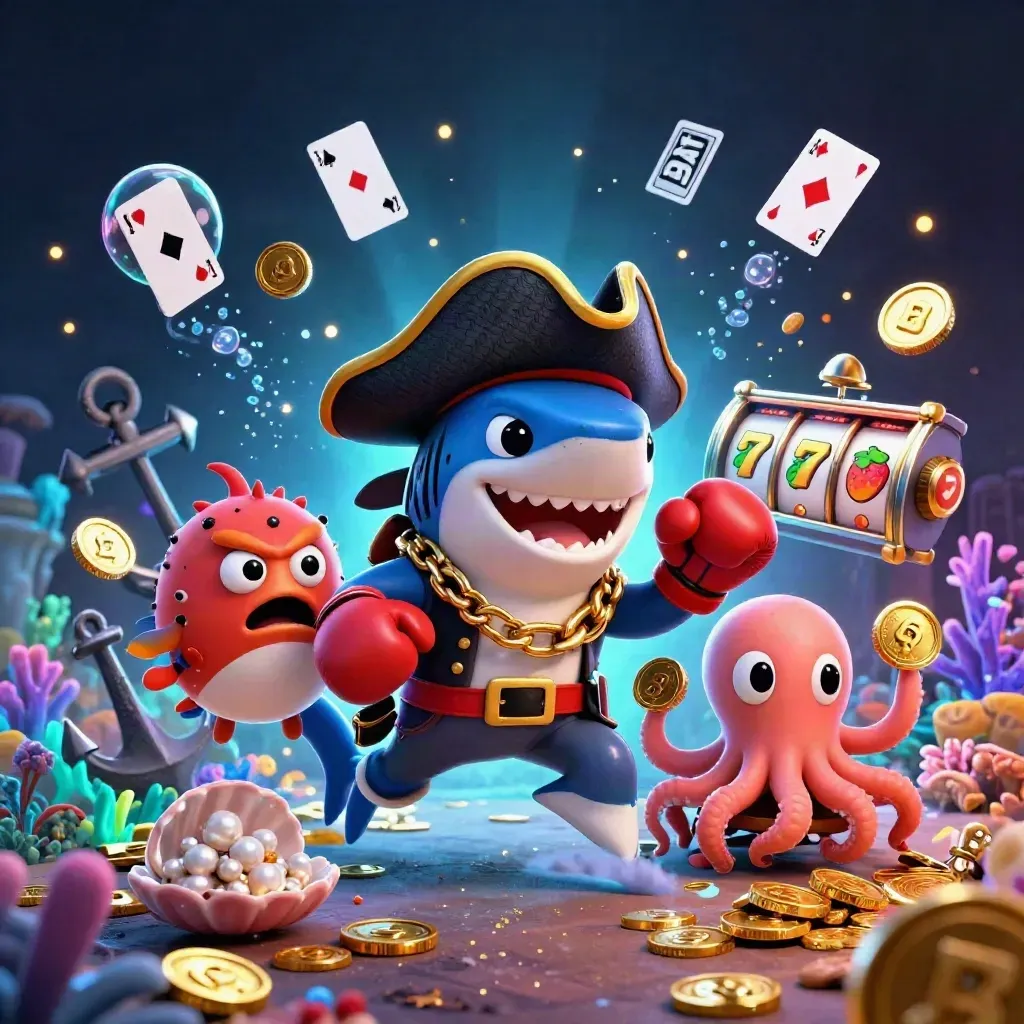 Pirate shark, pufferfish boxeur et bébé pieuvre dans un trésor sous-marin, style casino néon.