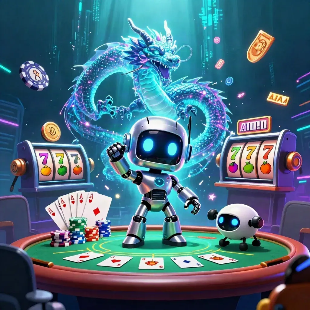 Robot cyberpunk, dragon holographique et drone autour d’une table de poker néon