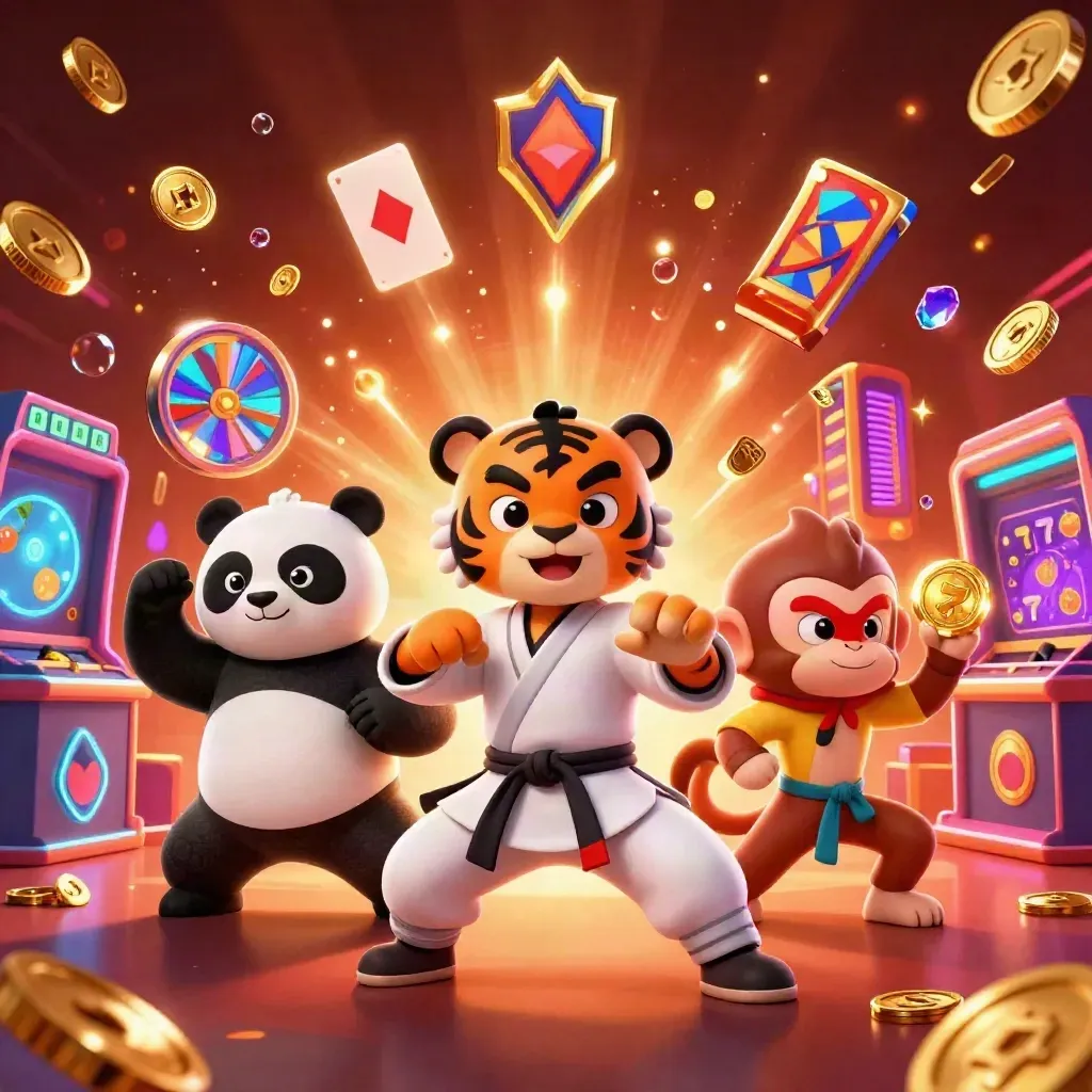 Un tigre kung-fu, un panda et un singe entourés de pièces, jetons, cartes et lumières néon.