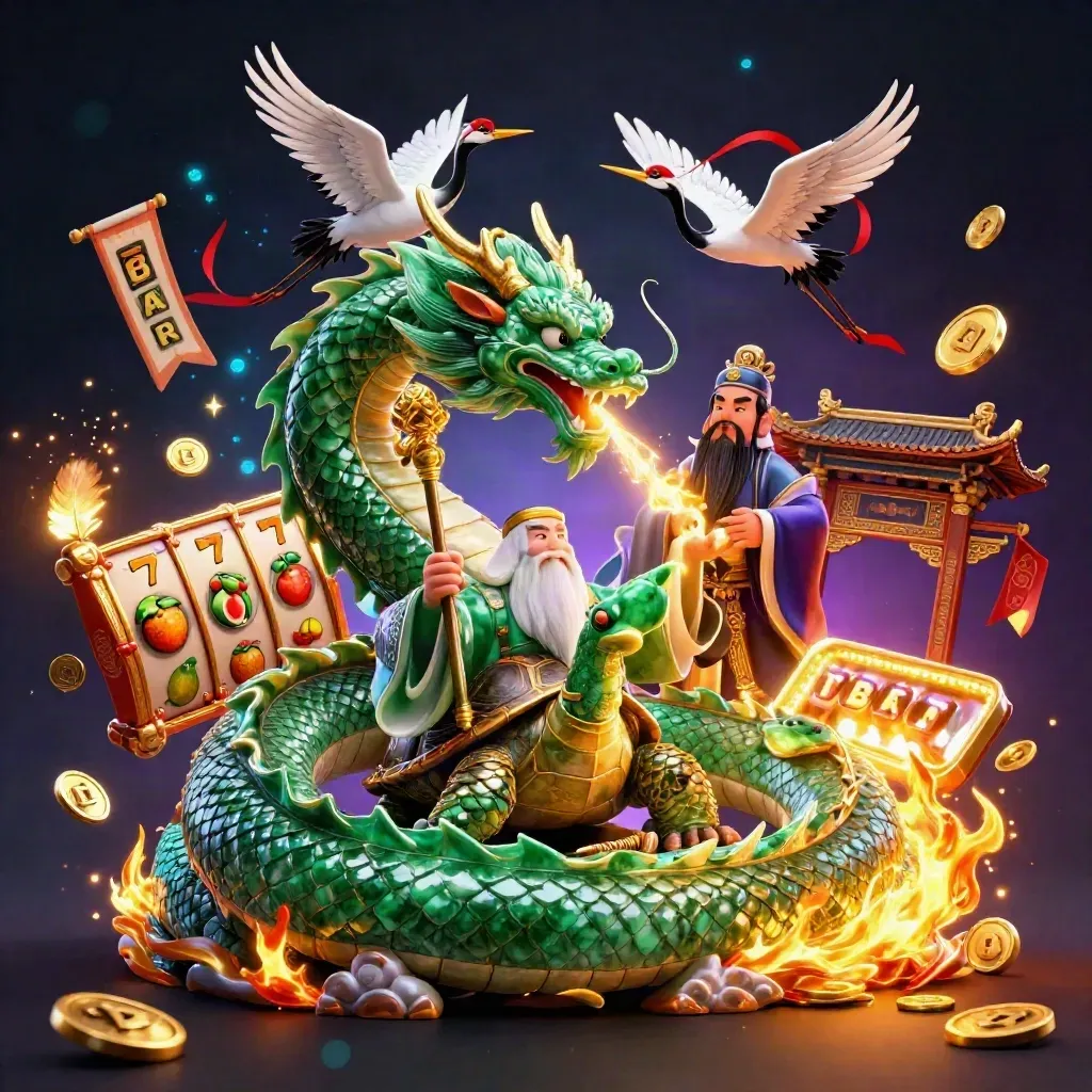 Dragon de jade, tortue sage et grues, éclats d’or sur fond casino néon.