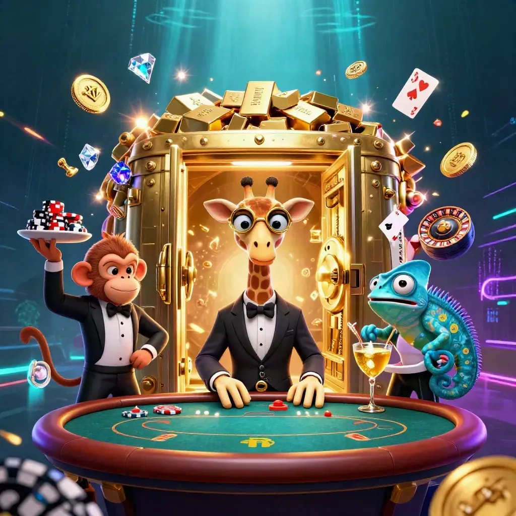 Girafe croupier, singe valet et caméléon barman autour d’un coffre doré sous lumières néon.