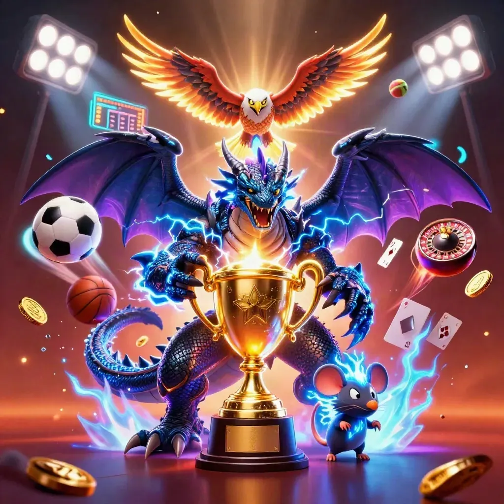 Dragon éclair, faucon, souris et trophée doré dans une scène casino néon très dynamique.